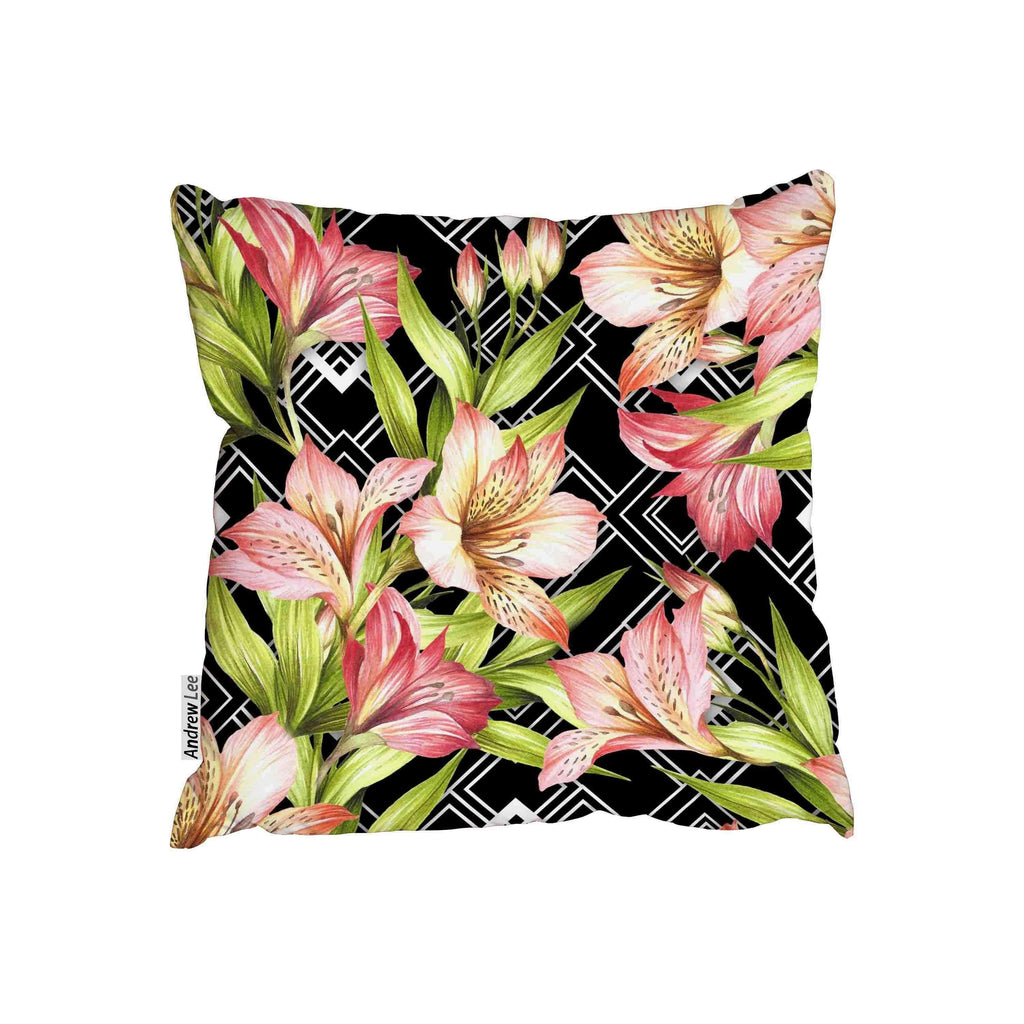 Alstroemeria flowers on abstract white black geometric background (Cushion) - Andrew Lee Home and Living