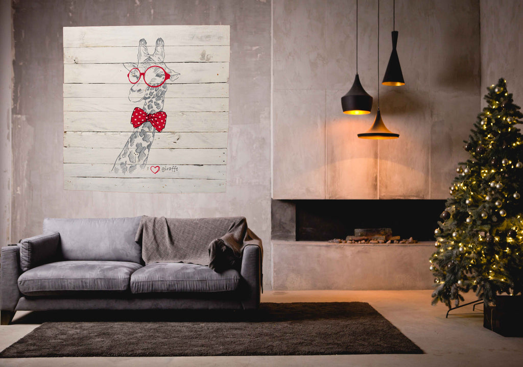 Reclaimed Wood Print - New Product Giraffe in Round Glasses (Reclaimed white wood)  - Andrew Lee Home and Living Homeware