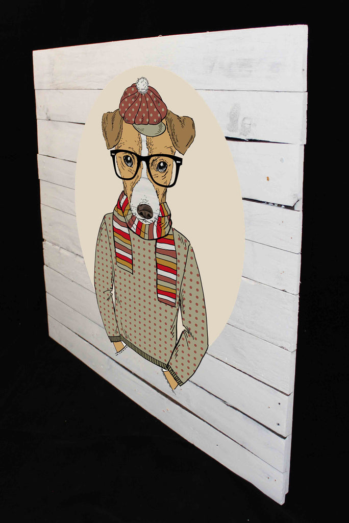 Reclaimed Wood Print - New Product Glasses Dog (Reclaimed white wood)  - Andrew Lee Home and Living Homeware