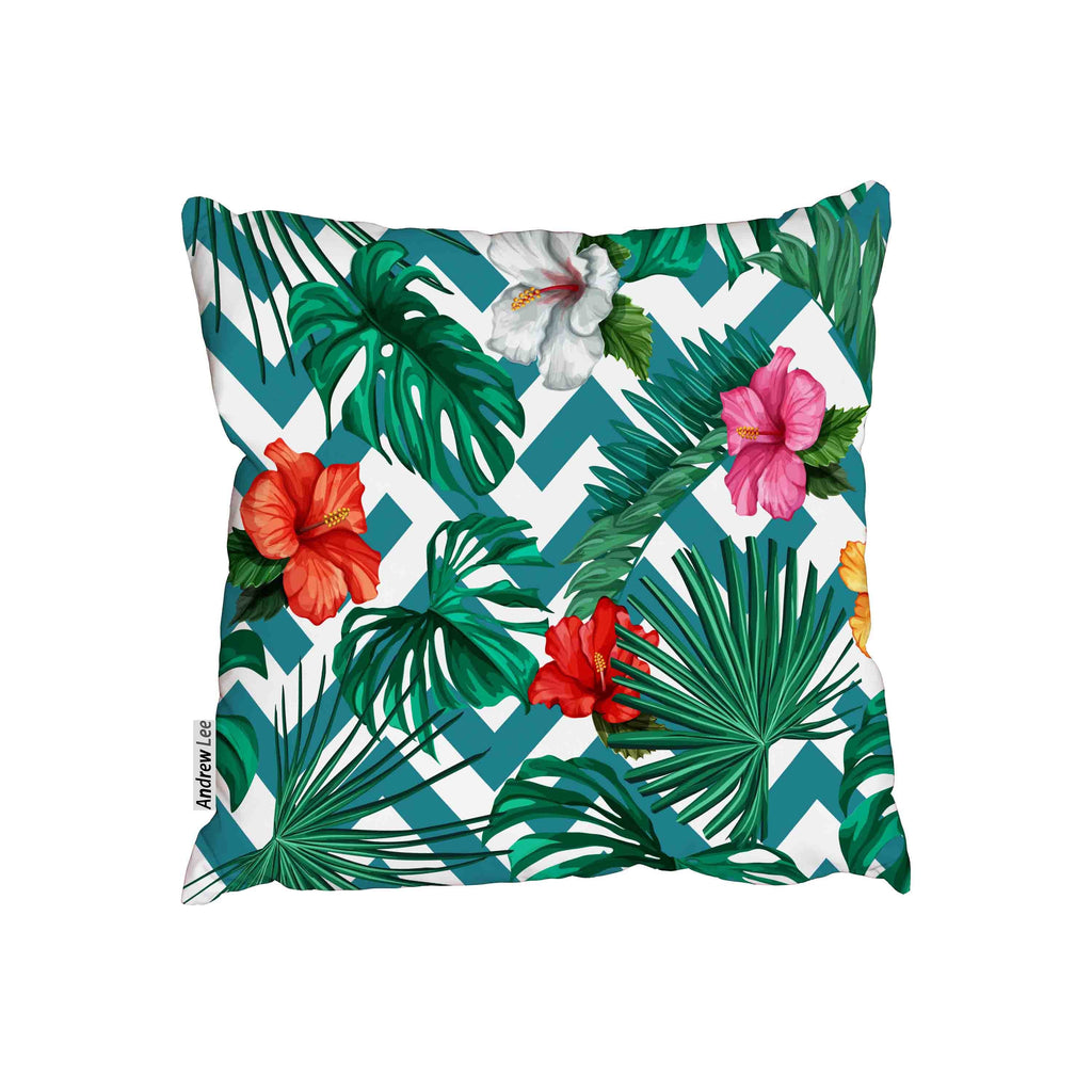 New Product Tropical jungle green leaves with colored beautiful hibiscus flower blossoms on striped background (Cushion)  - Andrew Lee Home and Living Homeware
