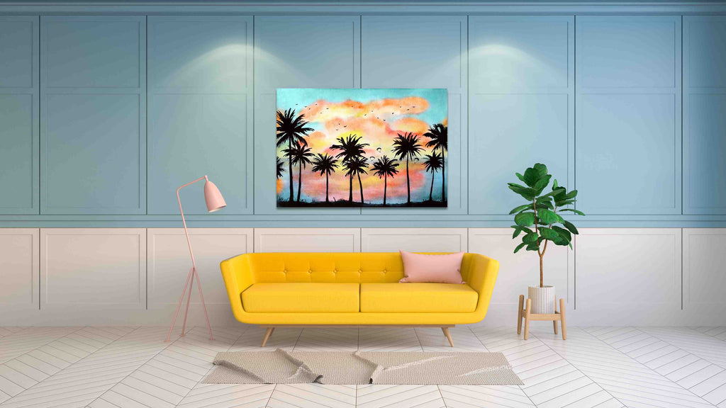New Product Watercolor tropical landscape with palms, ocean, orange clouds at the sunset (Canvas Prints)  - Andrew Lee Home and Living Homeware