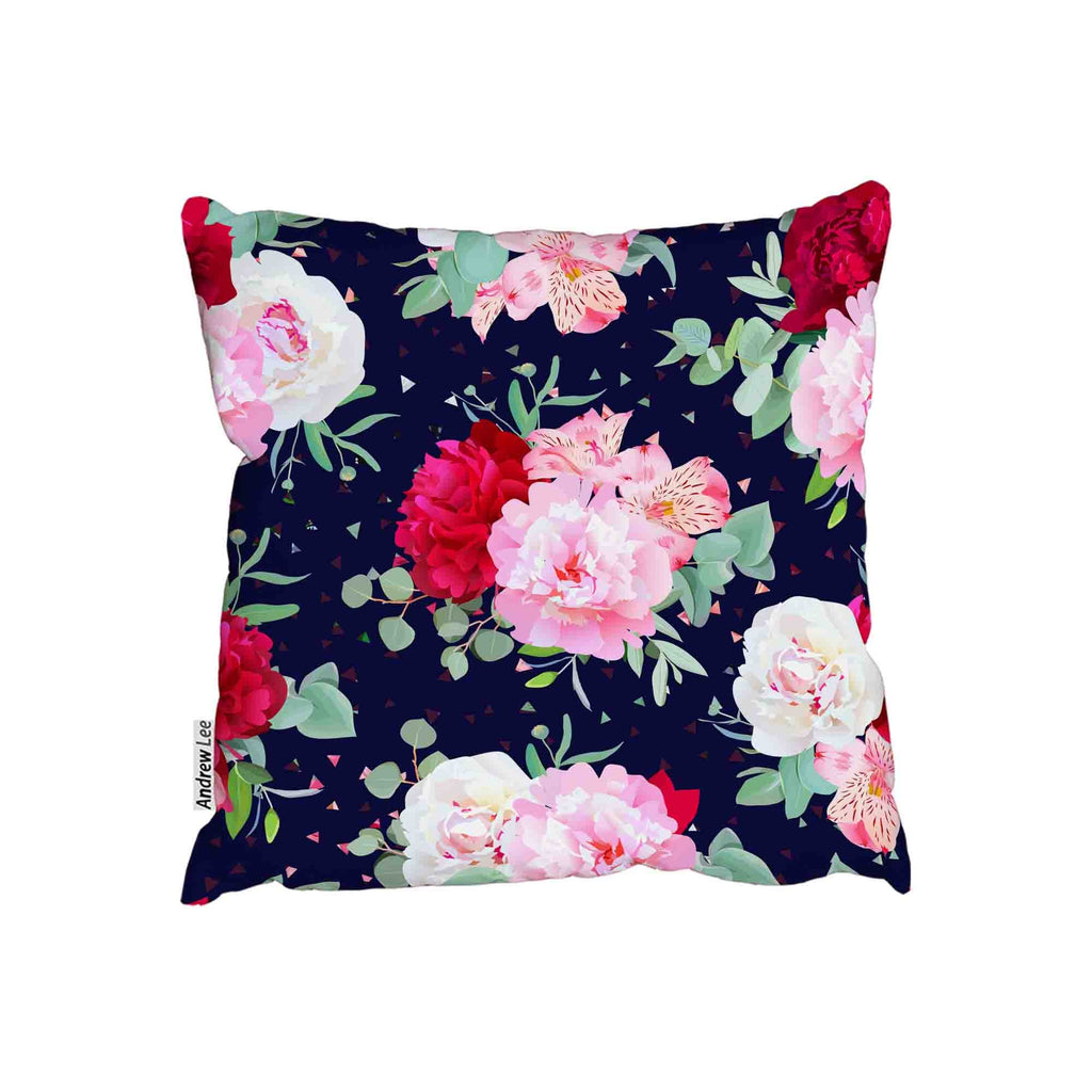 New Product Navy floral print with burgundy red and pink peony (Cushion)  - Andrew Lee Home and Living