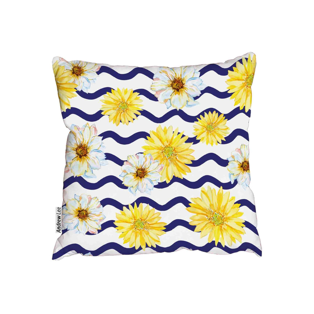 New Product White and yellow daisies on the wavy striped background (Cushion)  - Andrew Lee Home and Living