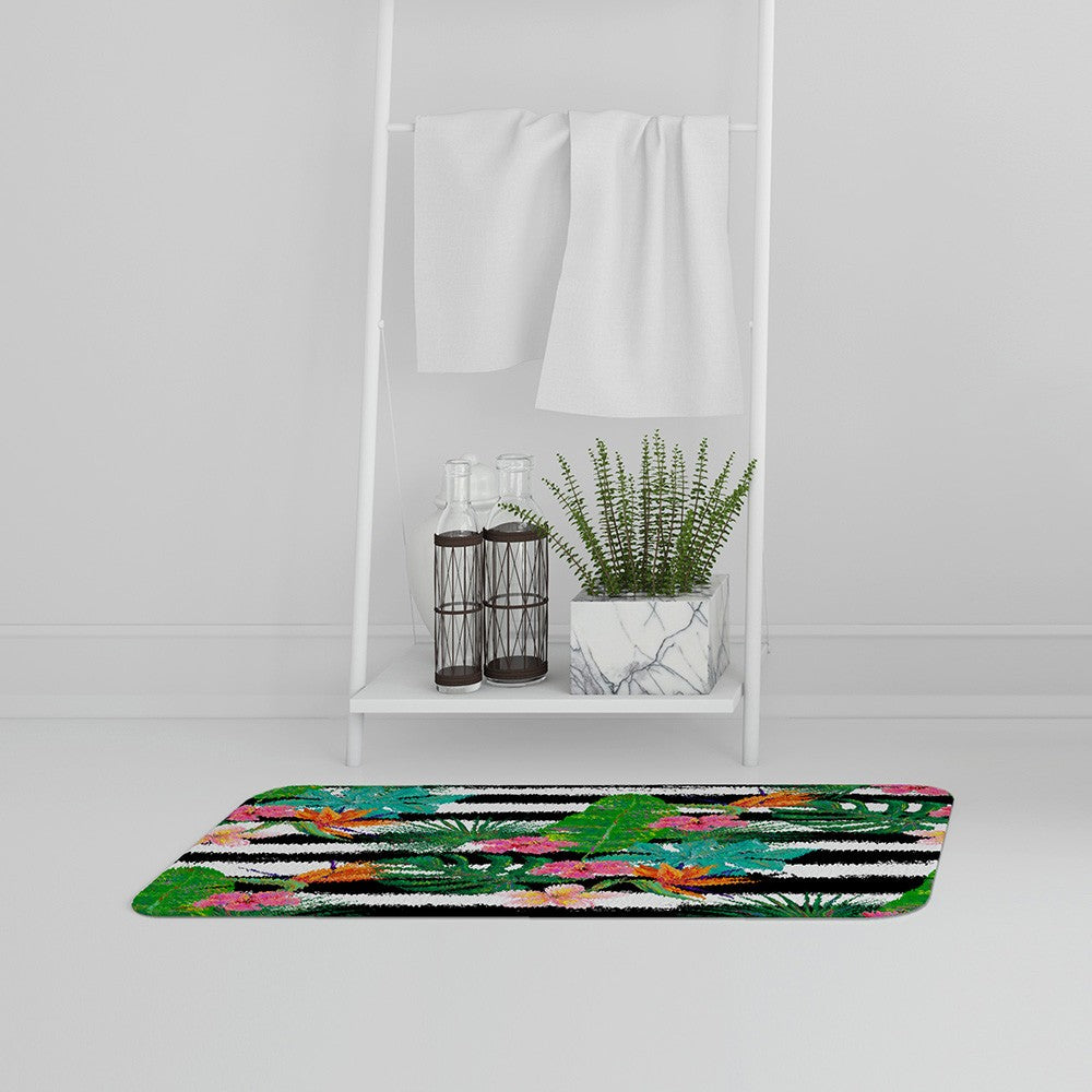 New Product Tropical Plants on Black & White Stripes (Bath Mat)  - Andrew Lee Home and Living