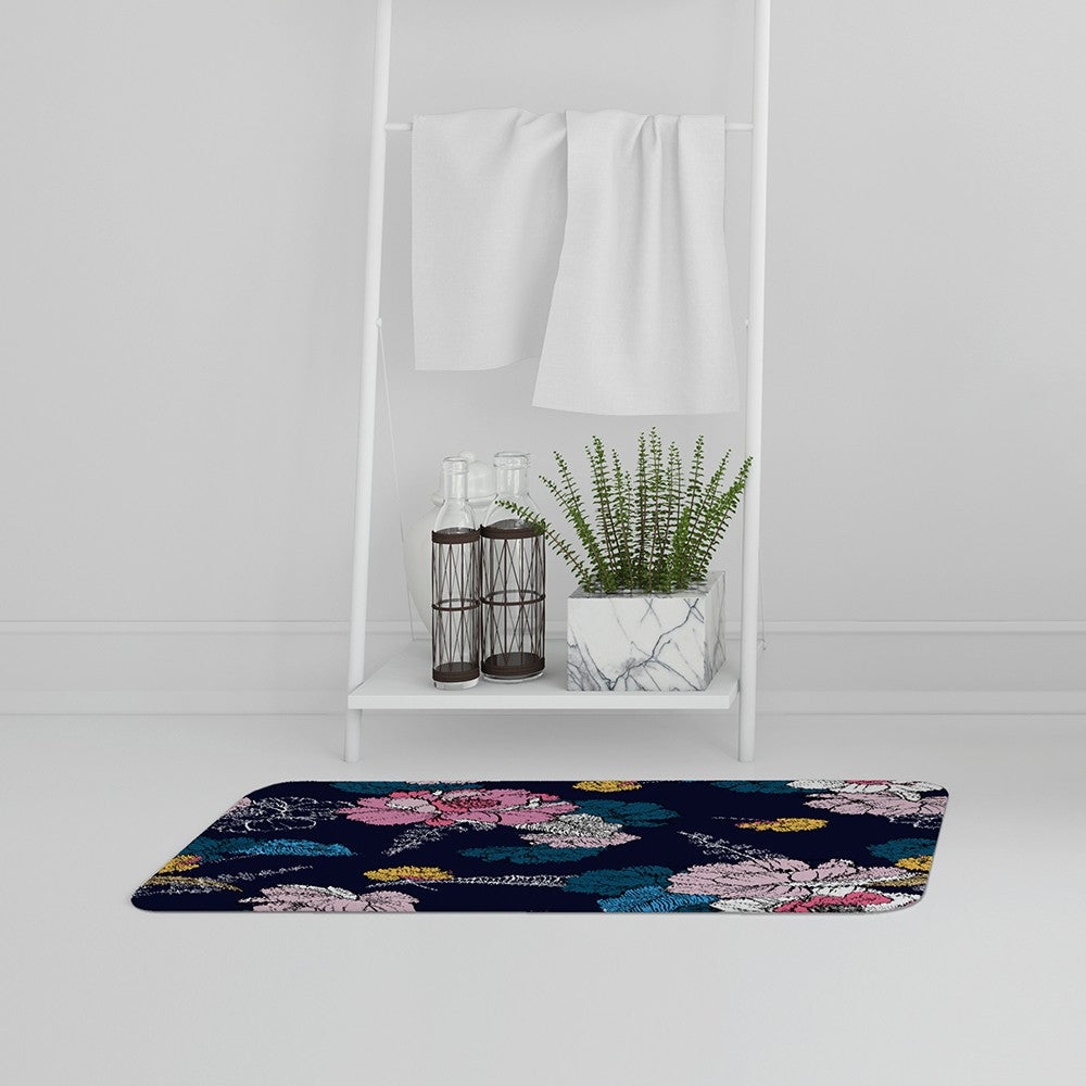 New Product Pink Flowers on Navy (Bath Mat)  - Andrew Lee Home and Living