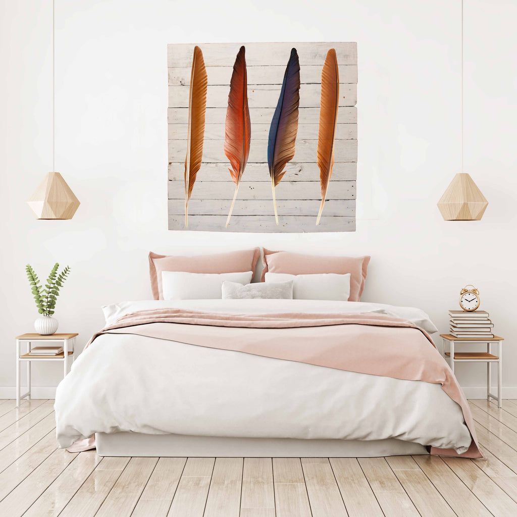 Reclaimed Wood Print - New Product Four Set of Beautiful and Colourful Bird Feathers (Reclaimed White Wood)  - Andrew Lee Home and Living Homeware