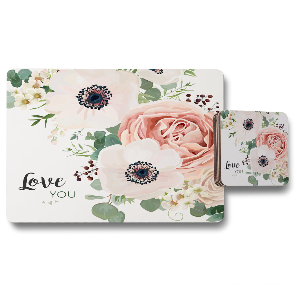 New Product Garden Flower, Pink Peach Rose, White Anemone (Placemat & Coaster Set)  - Andrew Lee Home and Living