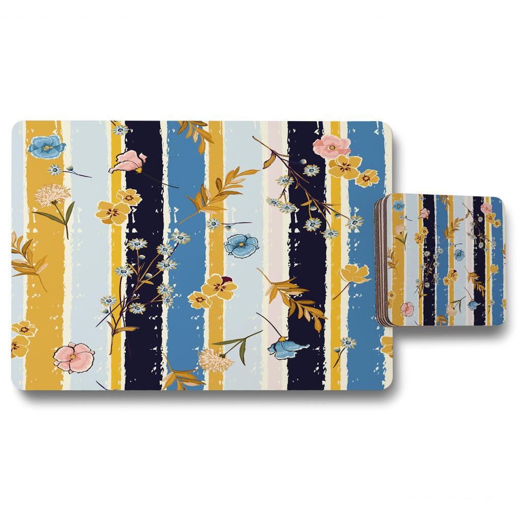 New Product Beautiful meadow flowers on candy colorful brush stripe (Placemat & Coaster Set)  - Andrew Lee Home and Living