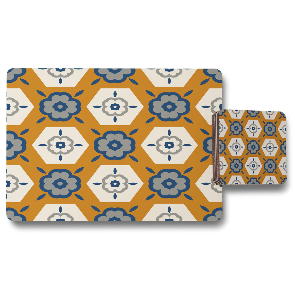 New Product Rust orange background with gray, navy blue and beige (Placemat & Coaster Set)  - Andrew Lee Home and Living