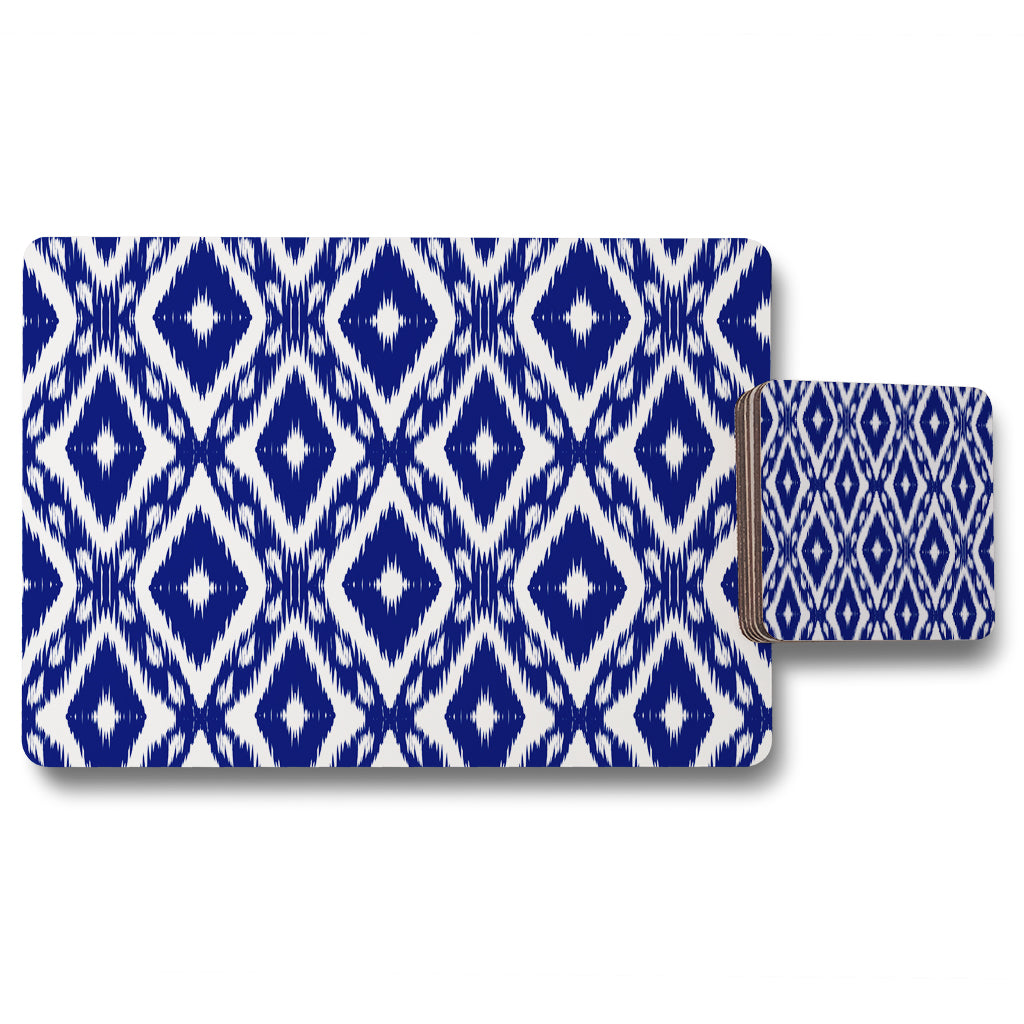 New Product Tribal Art Ikat Ogee in traditional classic blue (Placemat & Coaster Set)  - Andrew Lee Home and Living