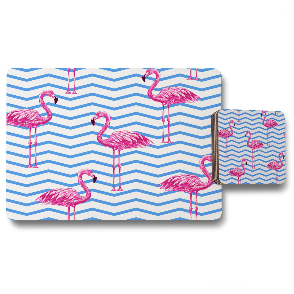New Product Flamingo & Blue Geometric Lines (Placemat & Coaster Set)  - Andrew Lee Home and Living