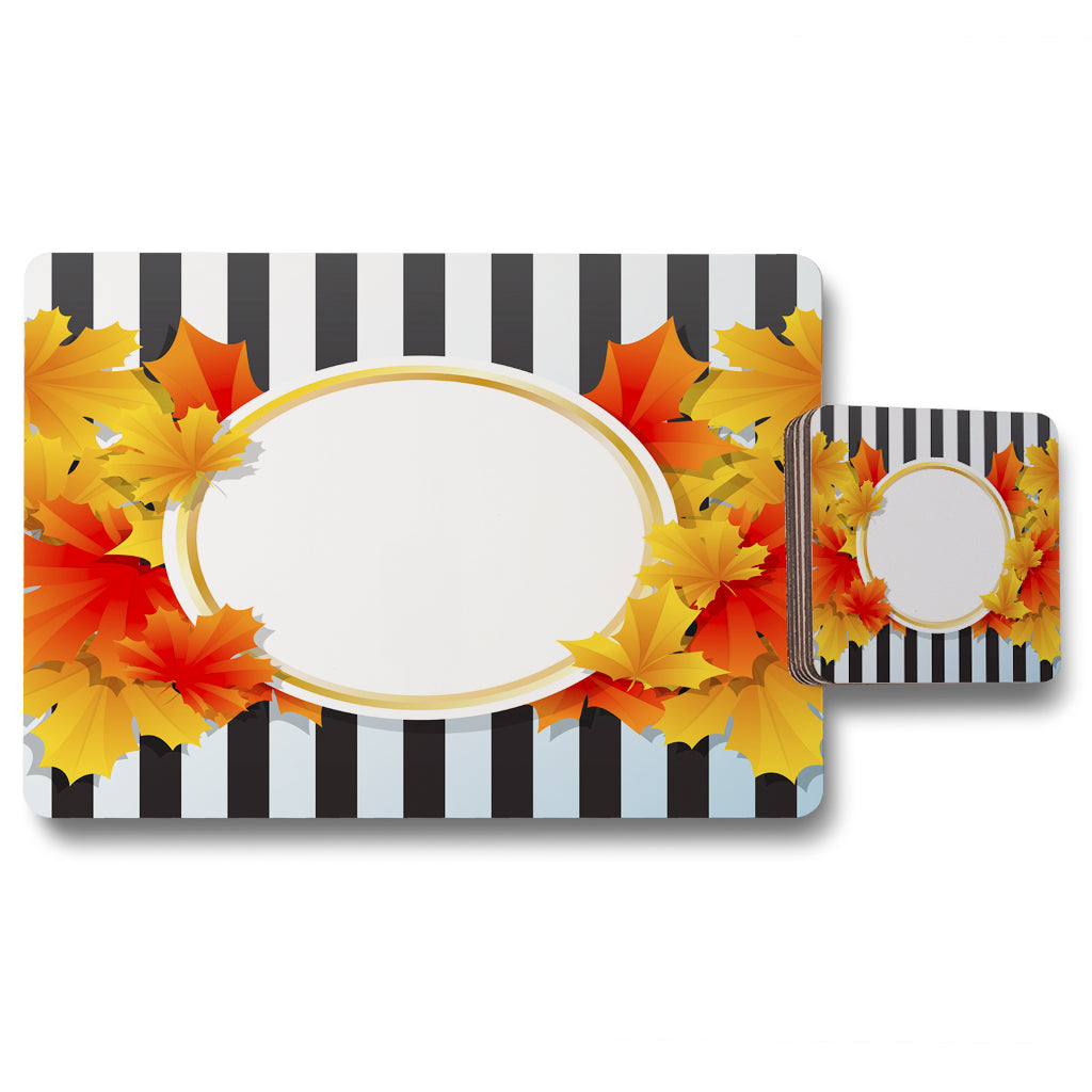 New Product Orange & Red Autumn Leaves on Black Stripes (Placemat & Coaster Set)  - Andrew Lee Home and Living