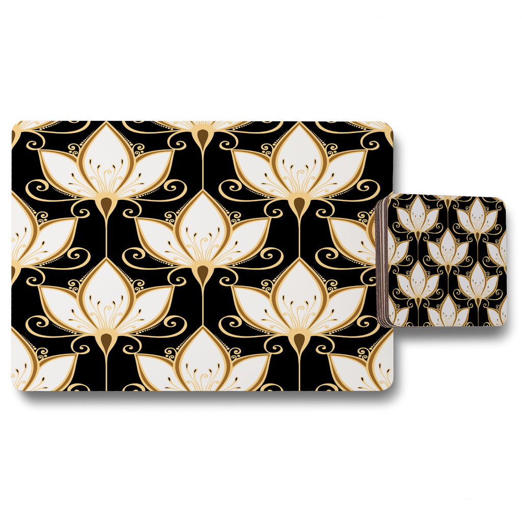 New Product Black & Gold Floral Pattern (Placemat & Coaster Set)  - Andrew Lee Home and Living