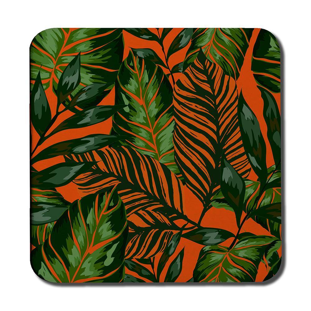 Green Tropical Leaves on Orange (Coaster) - Andrew Lee Home and Living