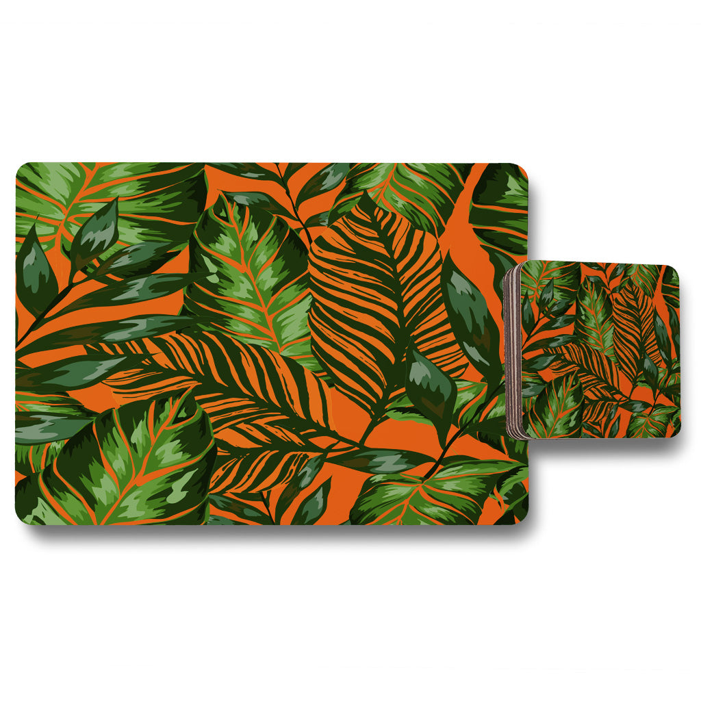 New Product Green Tropical Leaves on Orange (Placemat & Coaster Set)  - Andrew Lee Home and Living