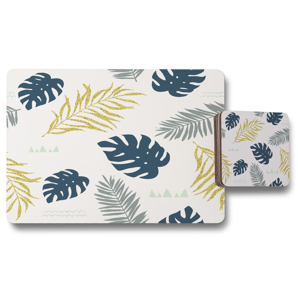 New Product Gold Glitter & Navy Leaves (Placemat & Coaster Set)  - Andrew Lee Home and Living