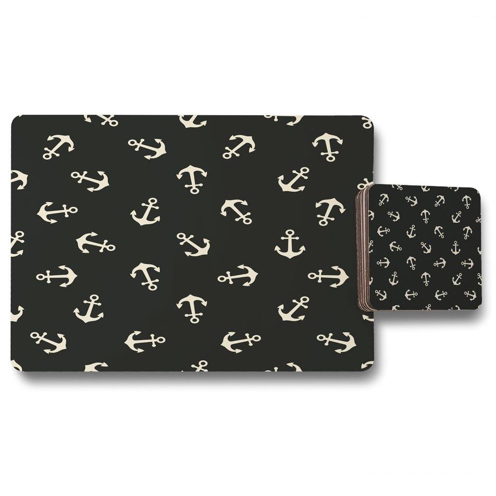 Anchors on Black Background (Placemat & Coaster Set) - Andrew Lee Home and Living