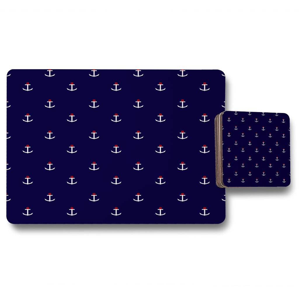 New Product White & Red Anchors on Navy (Placemat & Coaster Set)  - Andrew Lee Home and Living