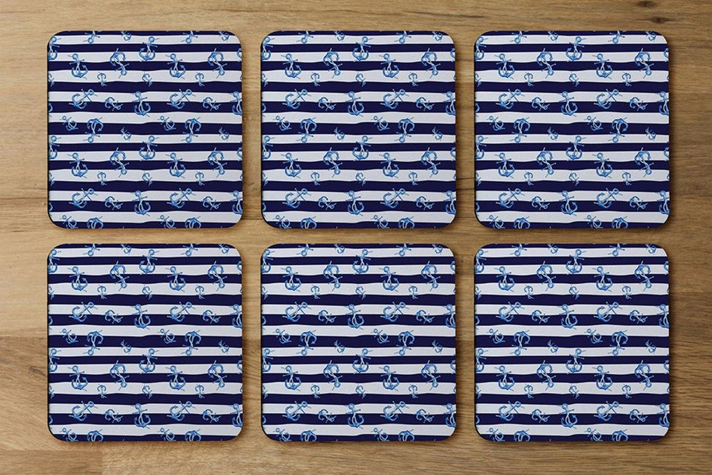 Blue Anchors on Navy Striped Background (Coaster) - Andrew Lee Home and Living