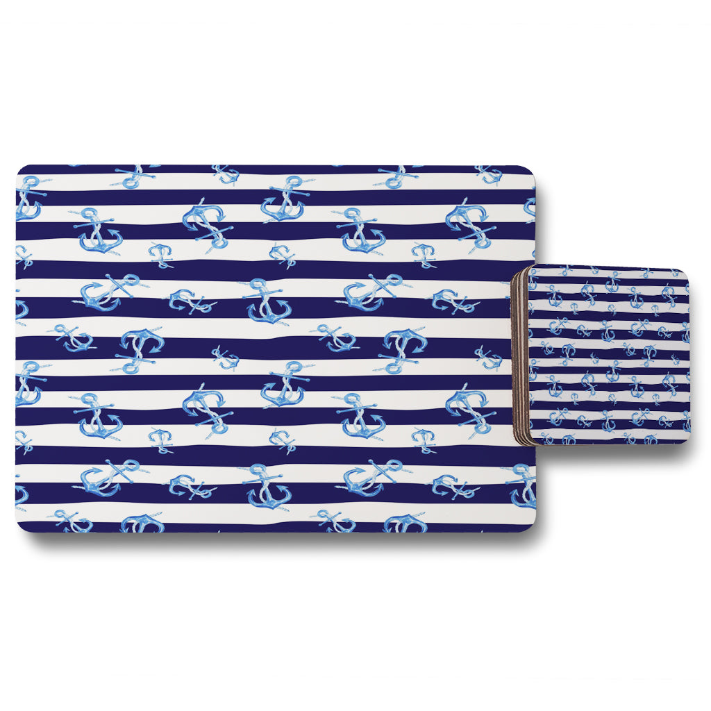 New Product Blue Anchors on Navy Striped Background (Placemat & Coaster Set)  - Andrew Lee Home and Living