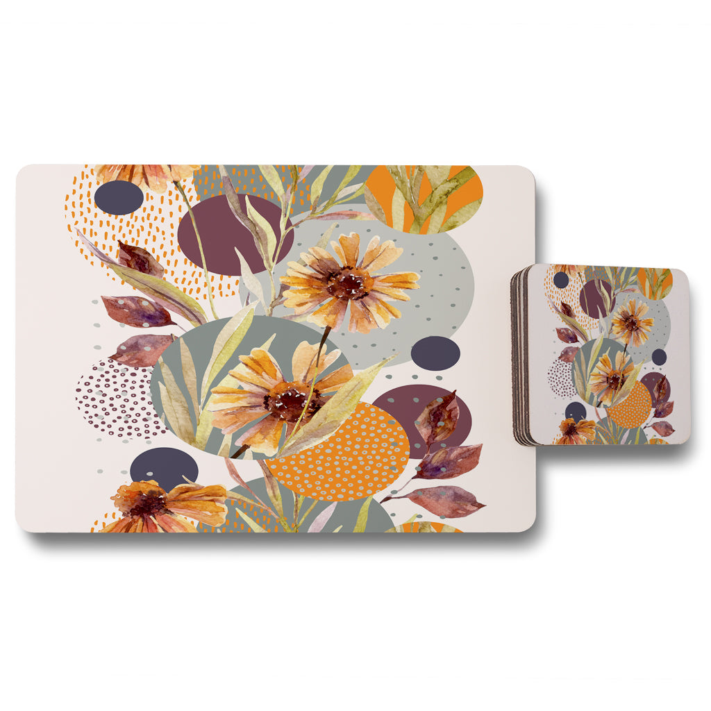 New Product Orange Geometric With Flowers (Placemat & Coaster Set)  - Andrew Lee Home and Living