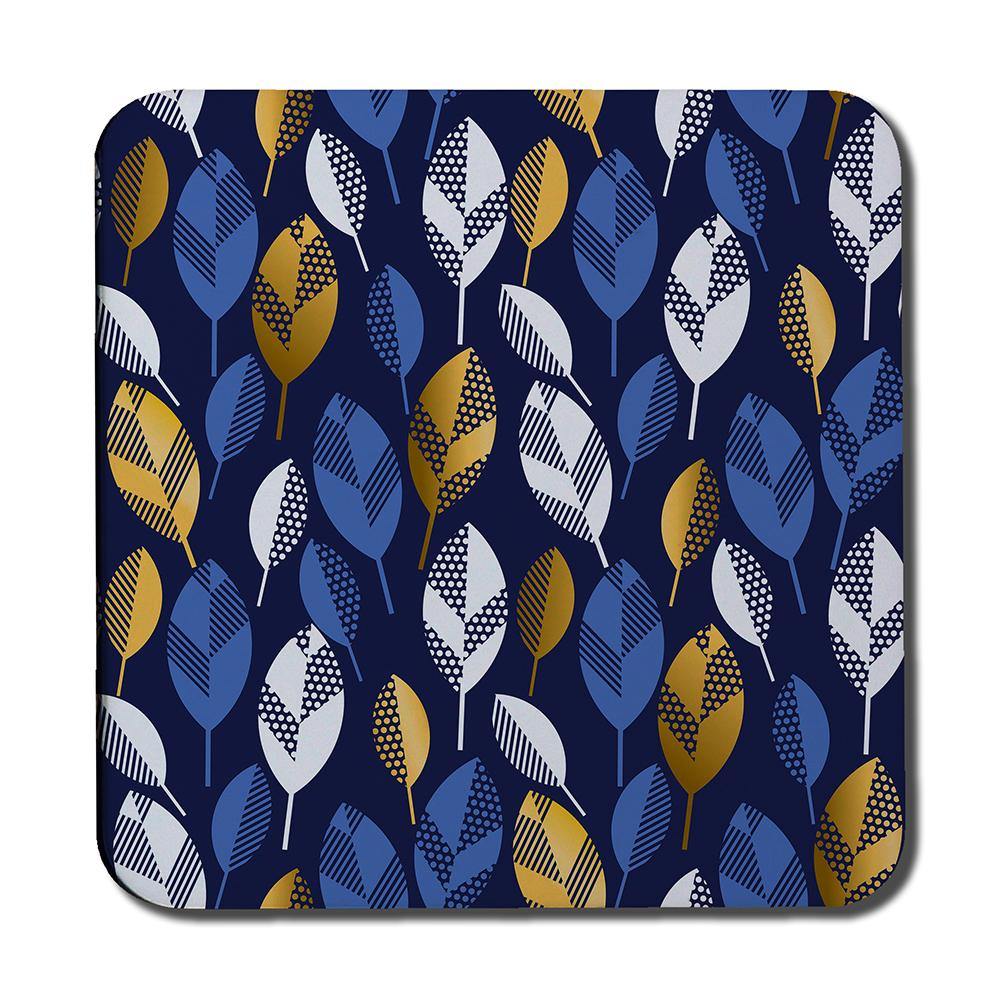 White, Blue & Gold Leaves on Navy Background (Coaster) - Andrew Lee Home and Living