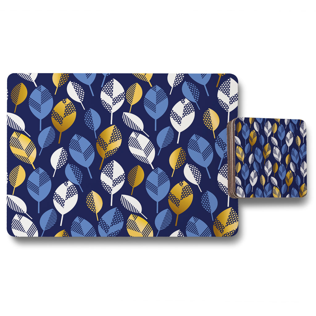 New Product White, Blue & Gold Leaves on Navy Background (Placemat & Coaster Set)  - Andrew Lee Home and Living