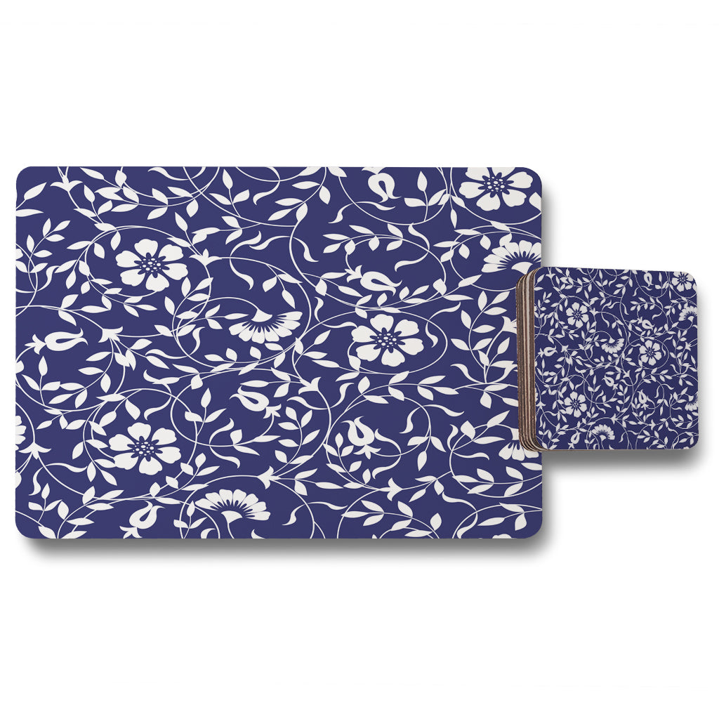 New Product White Flowers on Navy (Placemat & Coaster Set)  - Andrew Lee Home and Living