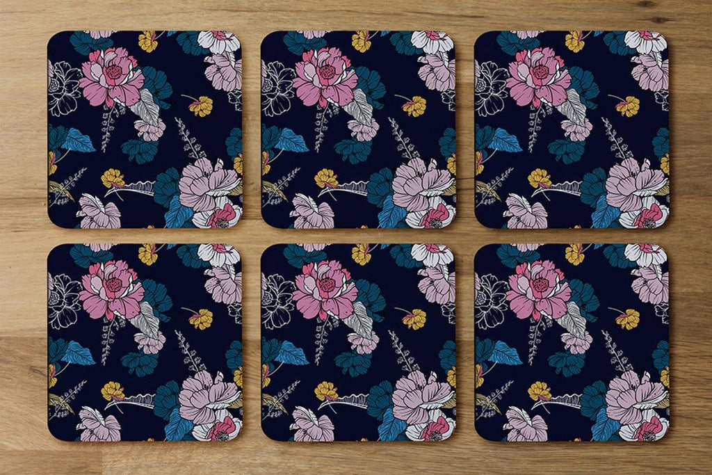 Pink Flowers on Navy (Coaster) - Andrew Lee Home and Living