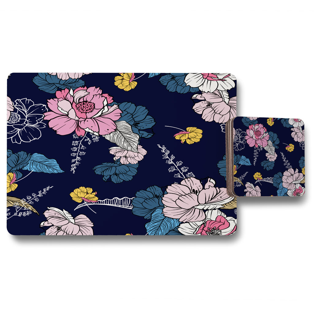 New Product Pink Flowers on Navy (Placemat & Coaster Set)  - Andrew Lee Home and Living