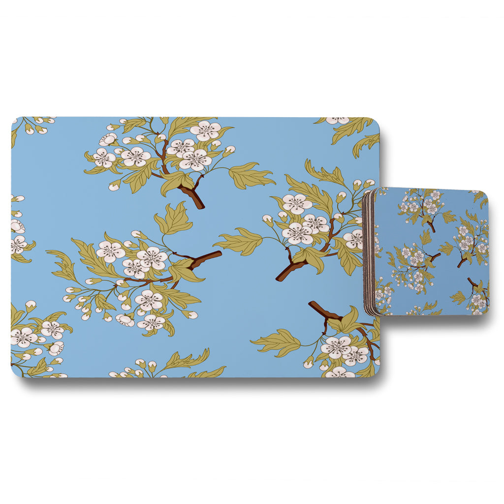 New Product Orchid Branches on Blue (Placemat & Coaster Set)  - Andrew Lee Home and Living