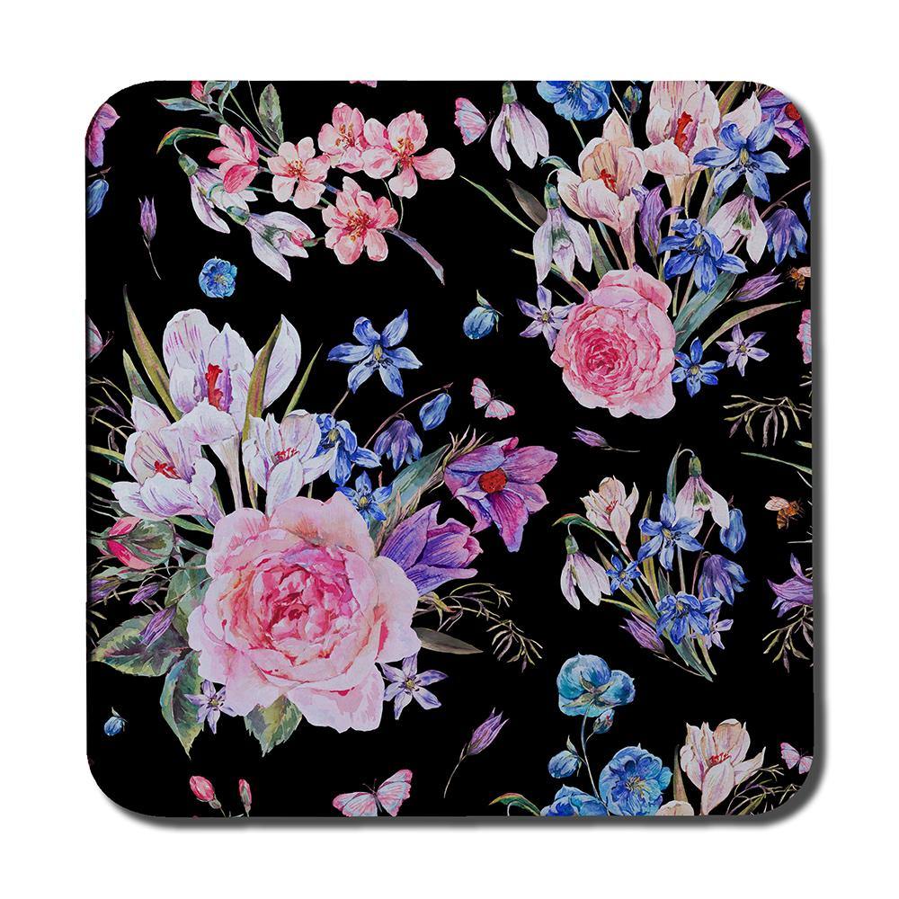 Bright Pink Flowers on Black (Coaster) - Andrew Lee Home and Living