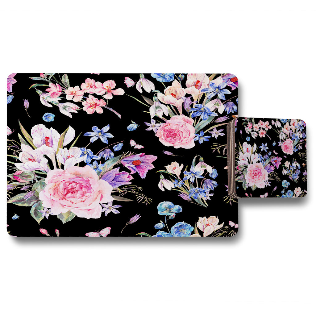 New Product Bright Pink Flowers on Black (Placemat & Coaster Set)  - Andrew Lee Home and Living