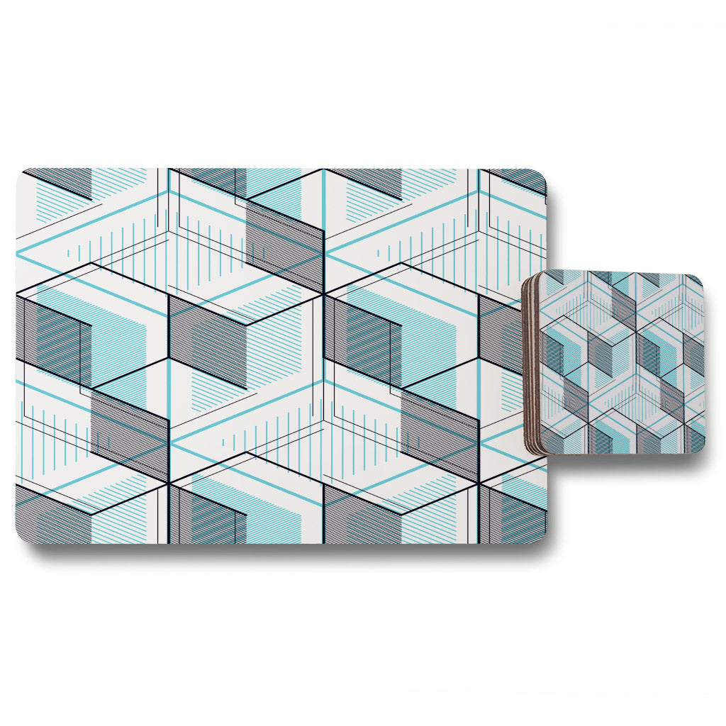 New Product Blue Geometric Hexagons (Placemat & Coaster Set)  - Andrew Lee Home and Living