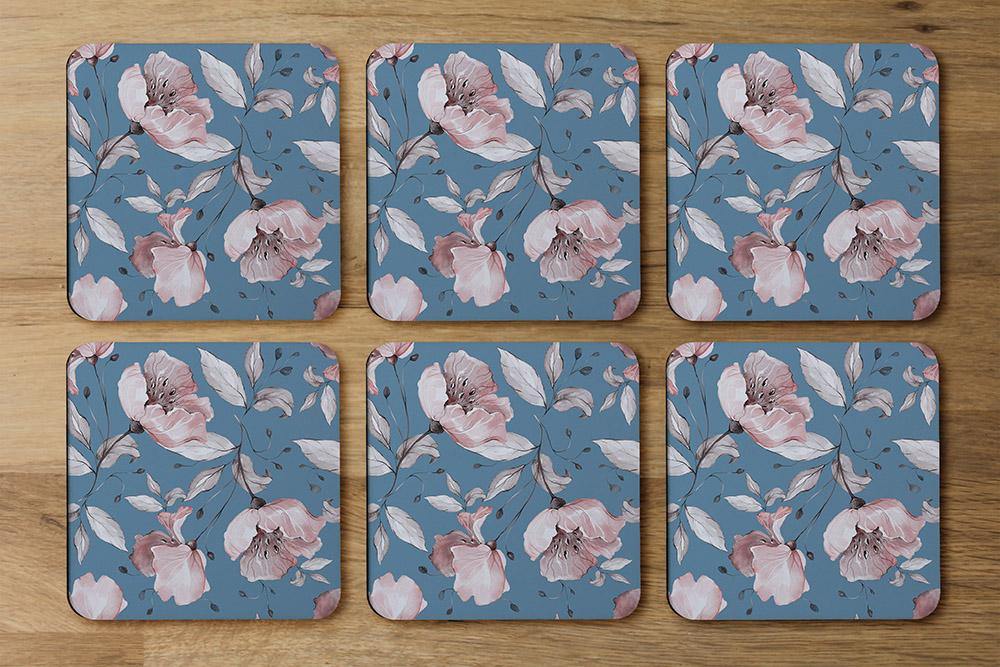 Pink Flowers on Blue (Coaster) - Andrew Lee Home and Living