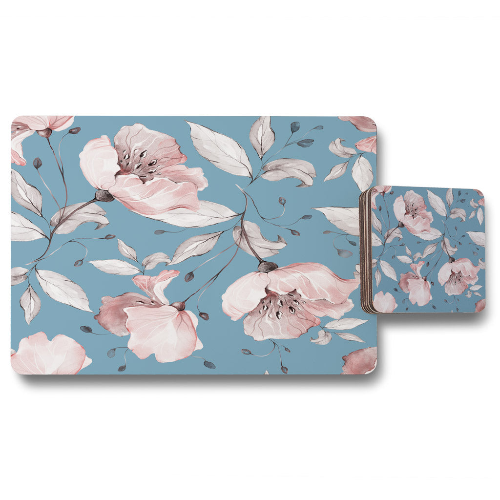 New Product Pink Flowers on Blue (Placemat & Coaster Set)  - Andrew Lee Home and Living