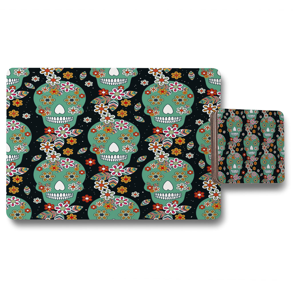 New Product Embroidery colorful simplified ethnic flowers and skull pattern (Placemat & Coaster Set)  - Andrew Lee Home and Living