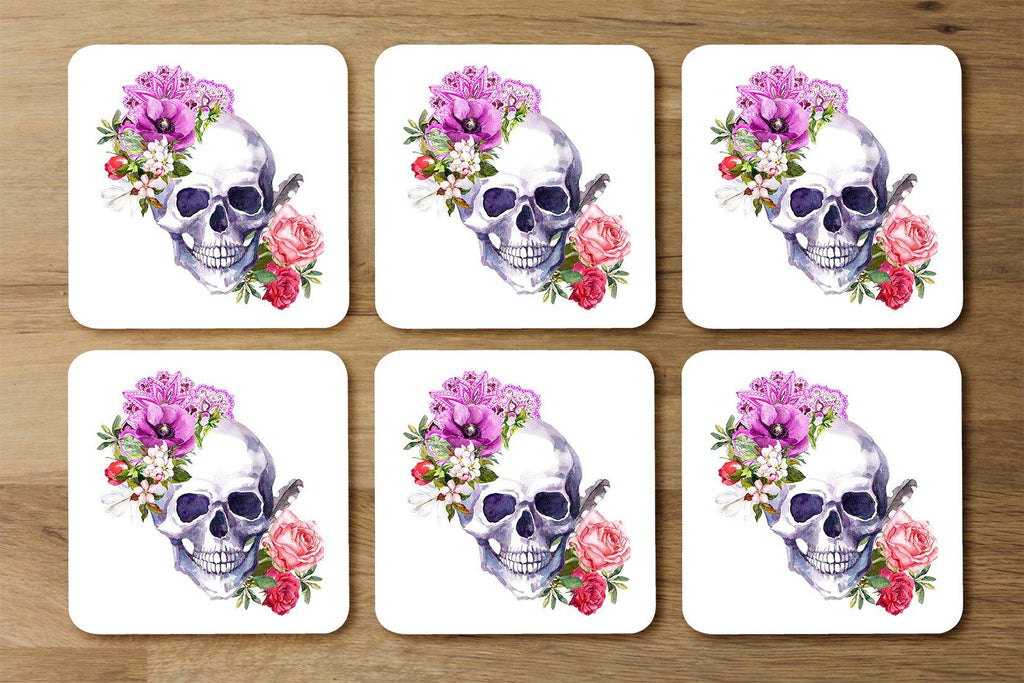 Human skull with flowers (Coaster) - Andrew Lee Home and Living