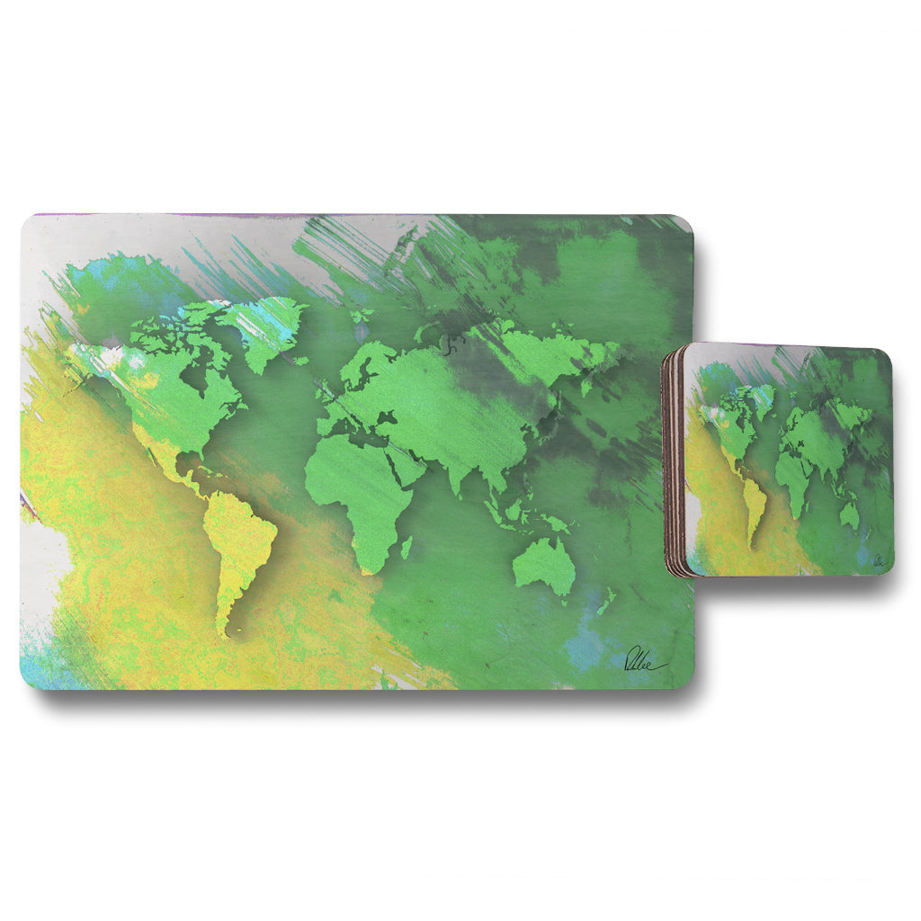 New Product World map yellow and green (Placemat & Coaster Set)  - Andrew Lee Home and Living
