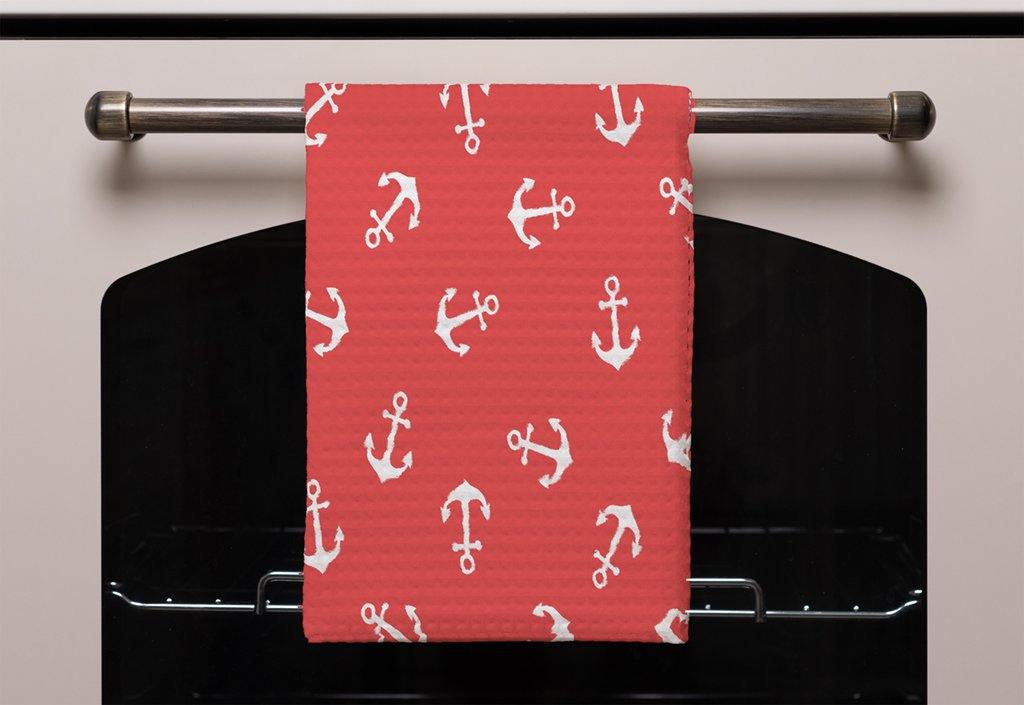 Anchors on Red Background (Kitchen Towel) - Andrew Lee Home and Living