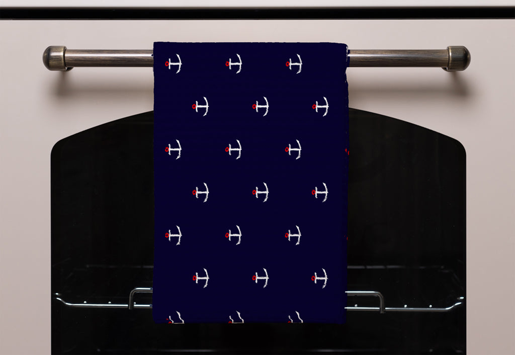 New Product White & Red Anchors on Navy (Kitchen Towel)  - Andrew Lee Home and Living