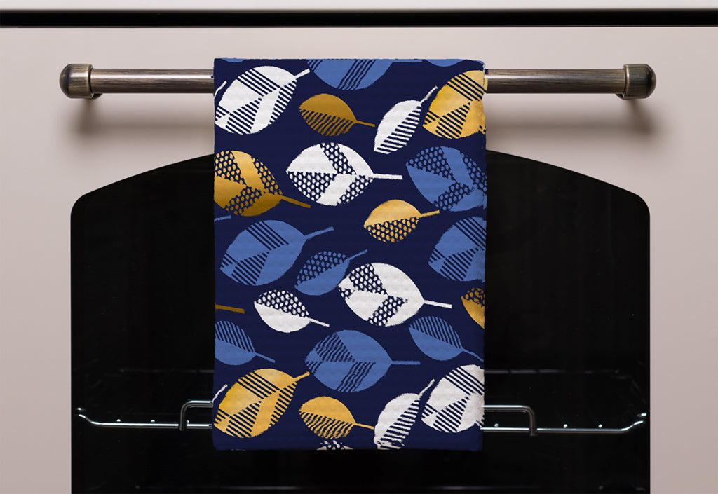 New Product White, Blue & Gold Leaves on Navy Background (Kitchen Towel)  - Andrew Lee Home and Living