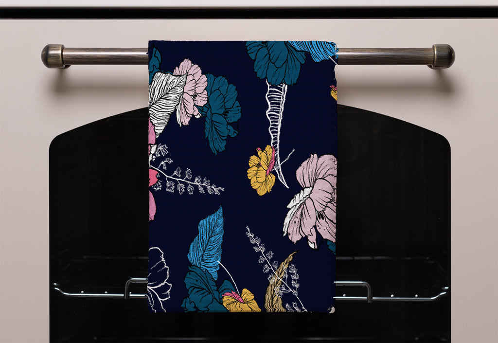 New Product Pink Flowers on Navy (Kitchen Towel)  - Andrew Lee Home and Living