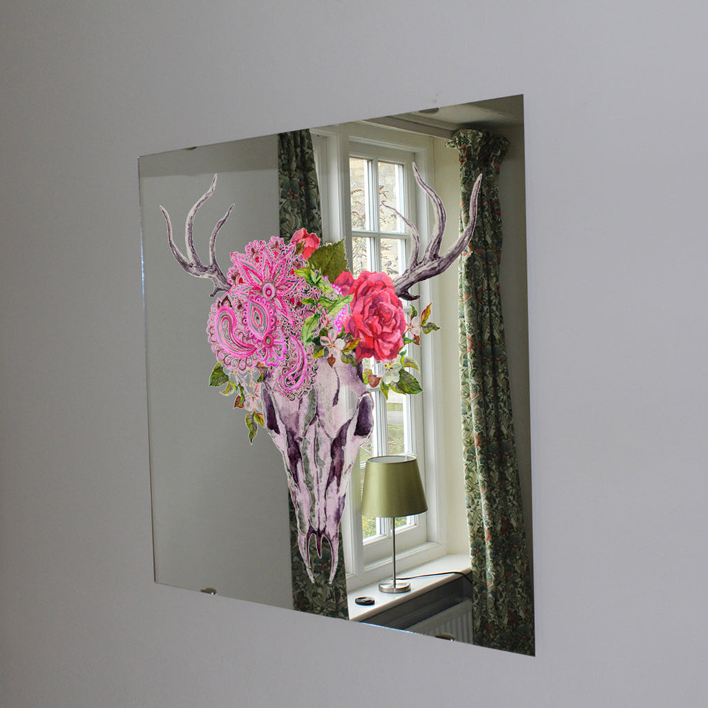 New Product Deer animal skull with flowers and feathers (Mirror Art Print)  - Andrew Lee Home and Living