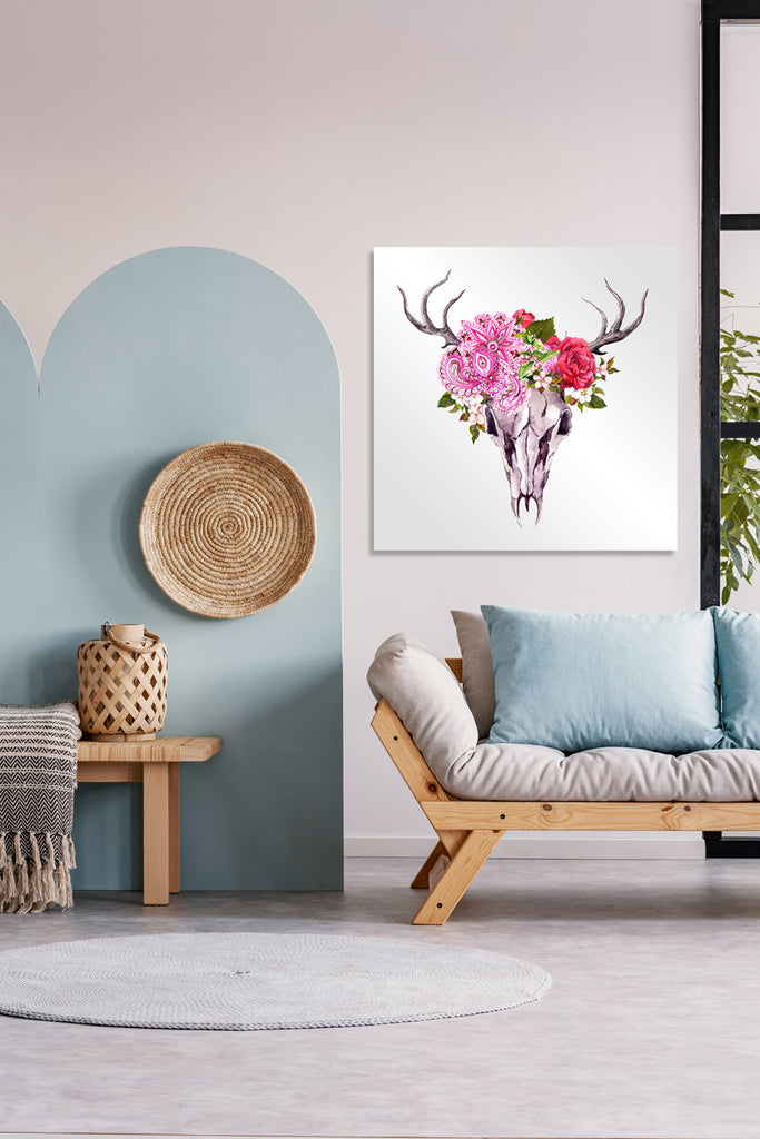 New Product Deer animal skull with flowers and feathers (Mirror Art Print)  - Andrew Lee Home and Living